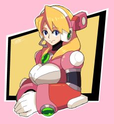 Rule 34 | 1girl, alia (mega man), android, blonde hair, blue eyes, breasts, gloves, headgear, headphone, highres, large breasts, long hair, looking to the side, mega man (series), mega man x (series), own hands together, shoutaro saito, solo, upper body, white gloves