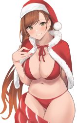 Rule 34 | 1girl, arm behind back, beatrix (granblue fantasy), bikini, breasts, brown eyes, brown hair, capelet, christmas, curvy, fur-trimmed capelet, fur-trimmed headwear, fur trim, granblue fantasy, grin, highres, large breasts, leaning forward, long hair, looking at viewer, nail polish, red bikini, red capelet, red headwear, red nails, renzu (lens 02), simple background, skindentation, smile, solo, swept bangs, swimsuit, very long hair, white background