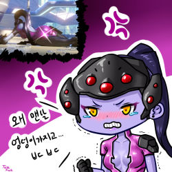 Rule 34 | 1girl, anger vein, angry, ass, black hair, blush, bodysuit, breasts, center opening, chibi, cleavage, embarrassed, gradient background, head-mounted display, jazz jack, korean text, long hair, overwatch, overwatch 1, ponytail, screencap, skin tight, small breasts, solo, translated, very long hair, visor, widowmaker (overwatch)