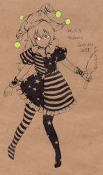 Rule 34 | 1girl, absurdres, alternate legwear, american flag, american flag dress, american flag legwear, artist name, brown background, clownpiece, collar, dated, dress, frilled collar, frilled dress, frilled shirt collar, frilled skirt, frills, full body, hat, highres, jester cap, long hair, monochrome, mushroom (osh320), no shoes, pantyhose, print pantyhose, red eyes, short sleeves, simple background, skirt, smile, solo, spot color, star (symbol), torch, touhou, wristband