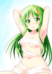 Rule 34 | 10s, 1girl, armpits, arms behind head, arms up, bandages, breasts, collarbone, crescent, crescent hair ornament, green eyes, green hair, hair ornament, ichimi, kantai collection, long hair, looking at viewer, matching hair/eyes, nagatsuki (kancolle), naked bandage, navel, open mouth, out-of-frame censoring, small breasts, solo, very long hair