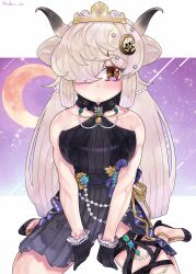 Rule 34 | 1girl, bare shoulders, black dress, black footwear, black gloves, blush, brown eyes, crescent, crescent hair ornament, dress, frilled gloves, frills, gloves, hair ornament, hair over one eye, high heels, highres, jewelry, kedama (ughugjydthjdf), kemono friends, kemono friends 3, long hair, necklace, official alternate costume, ox ears, ox girl, ox horns, pleated dress, sitting, sleeveless, solo, tiara, twintails, wariza, white hair, yak (kemono friends)