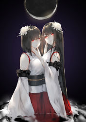 Rule 34 | 2girls, black hair, breasts, closed mouth, commentary request, detached sleeves, evil eyes, flower, fusou (kancolle), hair flaps, hair flower, hair ornament, hair over shoulder, japanese clothes, kantai collection, large breasts, long hair, looking at viewer, moon, multiple girls, neko (ganecooo), partial commentary, red eyes, short hair, smile, turret, water, yamashiro (kancolle)