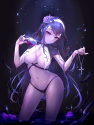 Rule 34 | 1girl, absurdres, alcohol, artist request, black panties, black robe, blue hair, blush, breast curtains, breasts, cross, cup, drinking glass, female focus, highres, large breasts, long hair, looking at viewer, midriff, navel, nun, original, panties, purple eyes, revealing clothes, robe, skindentation, solo, standing, stomach, tagme, underwear, wine, wine glass