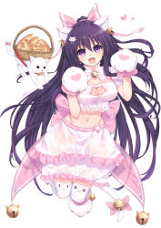 Rule 34 | &gt;3&lt;, 1girl, :3, :d, alternate costume, animal ears, animal hands, animal print, basket, bell, blush, bra, bread, breasts, cat, cat ears, cat hair ornament, cat lingerie, cat print, cat tail, cleavage, cleavage cutout, clothing cutout, collar, commentary request, date a live, food, frilled bra, frills, full body, gloves, hair ornament, hair ribbon, hands up, heart, heart print, highres, long hair, looking at viewer, medium breasts, meme attire, navel, neck bell, neps-l, open mouth, paw gloves, paw print, paw shoes, pink ribbon, pink skirt, purple eyes, purple hair, ribbon, ribbon-trimmed skirt, ribbon trim, see-through, shoes, simple background, skirt, smile, solo, tail, thighhighs, underwear, very long hair, white background, yatogami tooka
