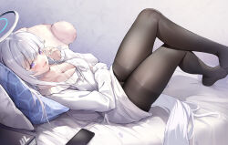 Rule 34 | 1girl, absurdres, bed sheet, blue archive, breasts, cellphone, cleavage, grey hair, halo, highres, large breasts, long hair, long sleeves, looking at viewer, lubikaya, mechanical halo, noa (blue archive), open mouth, pajamas, phone, pillow, purple eyes, smartphone, smile, solo, white pajamas