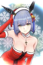 Rule 34 | + +, 1girl, absurdres, azur lane, bare shoulders, bell, blue hair, breasts, cleavage, collarbone, commentary request, cross, cross necklace, dress, elbow gloves, floating headgear, gascogne (azur lane), gloves, hair bell, hair ornament, hand on headwear, hat, head tilt, headgear, highres, jewelry, leaning forward, light blush, light smile, looking at viewer, medium breasts, necklace, red dress, red gloves, red hat, santa costume, santa dress, santa hat, short hair, sleeveless, sleeveless dress, snowflake background, solo, strapless, strapless dress, tomozou-1971, yellow eyes