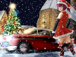 Rule 34 | 3girls, black hair, blonde hair, blue eyes, car, character request, christmas, church, closed eyes, copyright request, from behind, green eyes, hat, lights, looking back, motor vehicle, multiple girls, night, ponytail, red hair, santa costume, santa hat, short hair, smile, snow, snowing, suou28, tree, vehicle