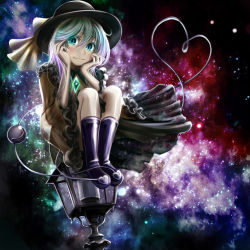 Rule 34 | 1girl, :3, dress, eyeball, closed eyes, frills, gem, green eyes, green hair, hands on own cheeks, hands on own face, hat, hat ribbon, heart, heart of string, highres, jiraiken, komeiji koishi, lamppost, looking at viewer, matching hair/eyes, purple hair, ribbon, see-through, sitting, solo, space, text focus, touhou, translation request