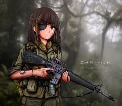 Rule 34 | 1girl, absurdres, ammunition belt, ammunition pouch, assault rifle, bandaid, blurry, blurry background, brown eyes, brown hair, closed mouth, dirty, dirty clothes, dirty face, explosive, eyepatch, girls&#039; frontline, green jacket, green pants, gun, gun sling, hair between eyes, highres, holding, holding gun, holding weapon, jacket, jungle, long hair, looking at viewer, m16, m16a1, m16a1 (girls&#039; frontline), military, military jacket, military uniform, multicolored hair, nature, outdoors, pants, pouch, rifle, scar, scar across eye, scar on face, sleeves rolled up, smoke grenade, solo, streaked hair, tree, trigger discipline, uniform, vietnam, vietnam war, weapon, zap-nik