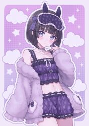 Rule 34 | 1girl, animal print, black eyes, black hair, bloomers, camisole, cardigan, choker, closed mouth, cloud print, collarbone, cowboy shot, eye mask, frilled sleeves, frills, frown, hand up, highres, lace, lace choker, long hair, mask, mask on head, midriff, navel, nijisanji, open cardigan, open clothes, outline, purple background, purple bloomers, purple camisole, purple cardigan, purple theme, rabbit print, short hair, single off shoulder, sleeves past fingers, sleeves past wrists, solo, tearing up, tsukino mito, tsukino mito (loungewear), underwear, uxx2ixu, virtual youtuber, white outline