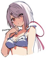 Rule 34 | 1girl, alternate costume, alternate hair length, alternate hairstyle, bikini, breasts, closed mouth, commentary request, cropped torso, dot mouth, dot nose, expressionless, h (eitilog), hand up, highres, looking at viewer, medium breasts, nijisanji, pink hair, red eyes, shiina yuika, short hair, simple background, solo, swimsuit, twitter username, upper body, virtual youtuber, white background, white bikini