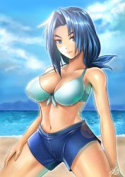 Rule 34 | 10s, 1girl, beach, bikini, bikini top only, blue eyes, blue hair, breasts, cleavage, day, eyebrows, forked eyebrows, future card buddyfight, highres, large breasts, long hair, looking at viewer, mature female, miga (migao), mikado suzumi, navel, sand, smile, solo, swimsuit, water, wet