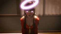 Rule 34 | 1girl, 20s, 3d, amagi yukiko, amateurthrowaway, animated, animated gif, atlus, black hair, blender (medium), blush, breasts, cleavage, downblouse, female focus, glowing, glowing eyes, hairband, halo, hime cut, hypnosis, indoors, long hair, long sleeves, looking at viewer, looping animation, megami tensei, mind control, open mouth, persona, persona 4, persona 4: dancing all night, persona dancing, pink eyes, red sweater, shin megami tensei, sidelocks, small breasts, solo, straight hair, submission, sweater, tongue