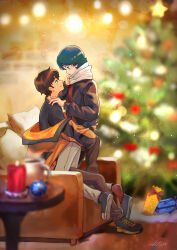 Rule 34 | 2boys, absurdres, black footwear, black shirt, blue eyes, blue hair, blurry, blurry background, blush, brown hair, brown jacket, candle, chair, christmas, christmas ornaments, christmas present, christmas tree, closed mouth, couple, cup, dark-skinned male, dark skin, from side, full body, gift, green eyes, gundam, gundam zz, hand on another&#039;s shoulder, highres, hug, indoors, jacket, judau ashta, kamille bidan, knee up, light particles, long sleeves, looking at another, male focus, mug, multiple boys, off shoulder, open clothes, open jacket, orange jacket, pillow, red shirt, scarf, shirt, shoes, short hair, sitting, smile, sneakers, udatsu0.i, waist hug, white scarf, yaoi, zeta gundam