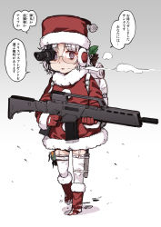 Rule 34 | 1girl, alternate costume, assault rifle, boots, explosive, fur-trimmed boots, fur-trimmed headwear, fur-trimmed jacket, fur-trimmed sleeves, fur trim, futatsuki hisame, glasses, gloves, grenade, grey hair, gun, hat, highres, hirato (kancolle), holding, holding gun, holding weapon, jacket, kantai collection, purple eyes, red footwear, red gloves, red hat, red jacket, rifle, santa costume, santa hat, short hair, solo, speech bubble, thighhighs, translation request, wavy hair, weapon, white thighhighs