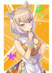 Rule 34 | 1girl, :3, alternate costume, animal ear fluff, animal ears, apron, blush, bow, bowtie, collar, commentary request, dress, enmaided, finger to own chin, fox ears, fox girl, frilled collar, frills, hand on own hip, highres, kemono friends, kemono friends 3, light brown hair, maid, maid apron, multicolored hair, orange dress, outline, shirt, short hair, sleeve cuffs, sleeveless, solo, tadano magu, tibetan fox (kemono friends), v-shaped eyebrows, white apron, white frills, white outline, white shirt, yellow bow, yellow bowtie, yellow eyes