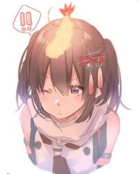 Rule 34 | !, !!, 1girl, blush, brown eyes, brown hair, closed mouth, food, food on head, hair between eyes, hair ornament, kantai collection, medium hair, object on head, one eye closed, rinto (rint rnt), scarf, sendai (kancolle), sendai kai ni (kancolle), shrimp, shrimp tempura, simple background, sleeveless, solo, spoken exclamation mark, tempura, two side up, upper body, white background, white scarf