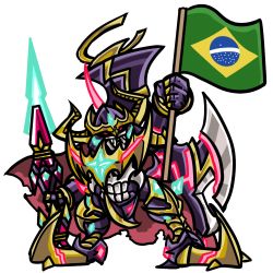 Rule 34 | armor, brazil, brazilian flag, cape, dark knight, darkknightmon, darkknightmon x-antibody, digimon, flag, highres, lance, polearm, skull, spikes, weapon