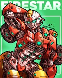 1girl abs armor character_name firestar_(transformers) green_eyes helmet highres humanoid_robot metal_skin muscular muscular_female robot robot_girl ryzmechaa science_fiction thighs transformers wheel