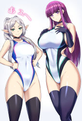 Rule 34 | 2girls, alternate costume, bare arms, bare shoulders, black choker, black gloves, black thighhighs, blunt bangs, blush, breasts, choker, closed mouth, collarbone, commentary request, competition swimsuit, elbow gloves, elf, fern (sousou no frieren), frieren, gloves, gluteal fold, green eyes, grey hair, hands on own chest, hands on own hips, highleg, highleg swimsuit, highres, kumakichi (cost-lost), large breasts, long hair, looking at viewer, medium breasts, multiple girls, one-piece swimsuit, pointy ears, purple eyes, purple hair, sidelocks, simple background, smile, sousou no frieren, swimsuit, thighhighs, twintails, white background