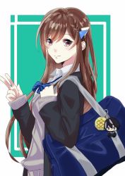 Rule 34 | 1girl, bag, bag charm, black jacket, blazer, blue bow, bow, braid, brown hair, cardigan, charm (object), closed mouth, cocoa music, collared shirt, commentary request, diagonal stripes, doumyouji cocoa, green background, grey cardigan, hair between eyes, hair ornament, hands up, highres, jacket, long hair, open clothes, open jacket, red eyes, school bag, school uniform, shirt, sleeves past wrists, solo, striped, striped bow, tsumetsume zerii, two-tone background, upper body, v, very long hair, virtual youtuber, white background, white shirt