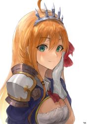 Rule 34 | 1girl, ahoge, armor, blue eyes, blush, breasts, chan1moon, cleavage, commentary request, face, from side, green eyes, hair between eyes, hair ornament, hair ribbon, highres, large breasts, long hair, looking at viewer, orange hair, pecorine (princess connect!), princess connect!, ribbon, shoulder armor, simple background, smile, solo, split mouth, tiara, very long hair