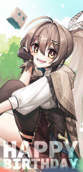 Rule 34 | 1girl, absurdres, adarin, ahoge, asymmetrical legwear, belt, brown capelet, brown cloak, brown corset, brown eyes, brown hair, capelet, cloak, corset, dagger, english text, feather hair ornament, feathers, friend (nanashi mumei), gloves, hair ornament, hairclip, happy birthday, head rest, highres, hololive, hololive english, kneehighs, knife, long hair, looking at viewer, multicolored hair, nanashi mumei, on ground, partially fingerless gloves, pleated skirt, ponytail, red skirt, ribbon, shirt, single kneehigh, single sock, single thighhigh, sitting, skirt, socks, streaked hair, thigh strap, thighhighs, tree, very long hair, virtual youtuber, weapon, white shirt