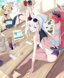 4girls :d absurdres akari_(blue_archive) alternate_costume alternate_hairstyle ass beach beach_umbrella bikini blonde_hair blue_archive blush breasts cleavage commentary_request cup curled_horns day demon_girl demon_horns demon_tail demon_wings drinking_glass dutch_angle eyewear_on_head folded_napkin gold_bikini gourmet_research_society_(blue_archive) halterneck haruna_(blue_archive) highres horns ice ice_cube izumi_(blue_archive) junko_(blue_archive) la_la_la_rarmin large_breasts leaning_forward long_hair looking_at_viewer menu multiple_girls open_mouth outdoors pepper_shaker pitcher_(container) ponytail purple_bikini red_hair salt_shaker side-tie_bikini_bottom single_wing sitting smile soy_sauce soy_sauce_bottle string_bikini sunglasses swimsuit table tail tongue tongue_out translation_request umbrella very_long_hair water wings