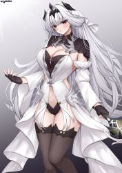 Rule 34 | 1girl, absurdres, azur lane, black gloves, black panties, black thighhighs, black tiara, blush, breasts, cleavage, cross, dress, fingerless gloves, gloves, gradient background, grey hair, groin, headpiece, highres, large breasts, long hair, looking at viewer, marseillaise (azur lane), navel, panties, parted lips, red eyes, revealing clothes, signature, simple background, solo, stomach, thighhighs, tiara, ueyama 0clock, underwear, white dress, white hair