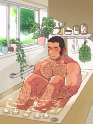 Rule 34 | 1boy, arm hair, bara, bath, bathing, black hair, blush, chest hair, closed mouth, completely nude, foazycozy, golden kamuy, highres, indoors, large pectorals, leg hair, male focus, manly, muscular, muscular male, nipples, nude, open window, pectorals, short hair, sideburns, solo, tanigaki genjirou, window