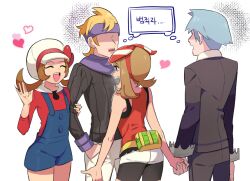 Rule 34 | 0 0box, 2boys, 2girls, bike shorts, bike shorts under shorts, blonde hair, blue hair, blue overalls, bow, bow hairband, brown hair, buttons, cabbie hat, check translation, commentary, creatures (company), game freak, hairband, hand in pocket, hand up, hat, hat bow, headband, heart, holding hands, jacket, korean text, long hair, long sleeves, lyra (pokemon), may (pokemon), morty (pokemon), multiple boys, multiple girls, nintendo, no eyes, overalls, pants, pokemon, pokemon hgss, pokemon oras, purple headband, purple scarf, red bow, red shirt, ribbed sweater, scarf, shirt, short shorts, shorts, sleeveless, sleeveless shirt, steven stone, sweater, thought bubble, translation request, twintails, white headwear, white shorts
