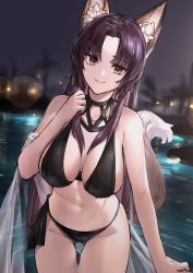 Rule 34 | 1girl, absurdres, animal ears, bare arms, bare shoulders, bikini, black bikini, black hair, blurry, bokeh, breasts, brown eyes, cleavage, cowboy shot, depth of field, fox ears, fox girl, fox tail, gluteal fold, halterneck, hand up, highres, large breasts, long hair, looking at viewer, navel, neonbeat, night, original, outdoors, parted bangs, pool, shawl, side-tie bikini bottom, smile, solo, standing, stomach, swimsuit, tail, thigh gap, thighs, very long hair, water