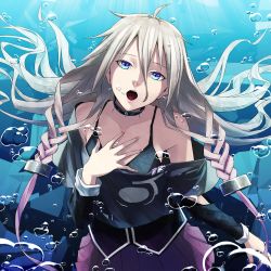 Rule 34 | ahoge, aqua eyes, black bra, black collar, blue eyes, bra, braid, breasts, bubble, collar, commentary request, detached sleeves, gradient hair, hand on own chest, highres, ia (vocaloid), large breasts, lipstick, long hair, looking at viewer, makeup, multicolored eyes, multicolored hair, nail polish, off shoulder, open mouth, pink lips, pink nails, purple hair, purple skirt, shirt, silver hair, skirt, solo, submerged, sugi 214, twin braids, underwater, underwear, upper body, vocaloid