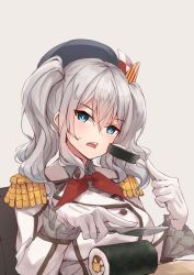 Rule 34 | 1girl, blue eyes, breasts, eating, epaulettes, food, fork, frilled sleeves, frills, gloves, highres, jacket, k jie, kantai collection, kashima (kancolle), large breasts, long sleeves, looking at viewer, makizushi, military, military jacket, military uniform, neckerchief, red neckerchief, sidelocks, silver hair, solo, sushi, table knife, twintails, uniform, upper body, wavy hair, white gloves, white jacket