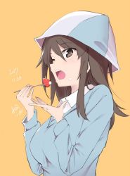 Rule 34 | 10s, 1girl, artist name, blue hat, blue shirt, brown eyes, brown hair, commentary, dated, dress shirt, eating, food, food on face, fork, fruit, girls und panzer, hat, holding, holding fork, keizoku school uniform, long hair, long sleeves, looking at viewer, mika (girls und panzer), muteki soda, school uniform, shirt, signature, simple background, solo, strawberry, upper body, white shirt, wing collar, yellow background