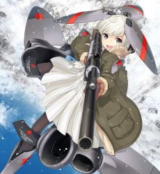 Rule 34 | 1girl, :d, aiming, blue sky, blush, brown pantyhose, cloud, coat, day, dress, fur-trimmed coat, fur-trimmed sleeves, fur trim, green coat, grey eyes, gun, holding, holding gun, holding weapon, mecha musume, military, nanaroku (fortress76), open clothes, open coat, open mouth, original, outdoors, pantyhose, pleated dress, red star, round teeth, russian text, scope, silver hair, sky, smile, snow, snowing, solo, star (symbol), teeth, upper teeth only, v-shaped eyebrows, weapon, weapon request, white dress