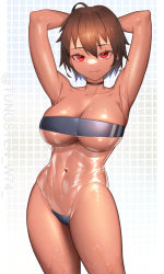 Rule 34 | 1girl, armpits, arms behind head, arms up, artist name, bad id, bad pixiv id, breasts, brown hair, cameltoe, casual one-piece swimsuit, choker, collarbone, contrapposto, cowboy shot, dark-skinned female, dark skin, grid background, gris swimsuit, groin, highleg, highleg swimsuit, highres, large breasts, looking at viewer, meme attire, navel, one-piece swimsuit, original, red eyes, seductive smile, see-through swimsuit, shiny skin, shiny swimsuit, short hair, simple background, smile, solo, standing, strapless, strapless one-piece swimsuit, swimsuit, tungsten (kwfr4544), twitter username, underboob, wet