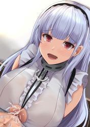 Rule 34 | 1boy, 1girl, anchor symbol, azur lane, breasts, center frills, clothing cutout, collar, cum, cum on body, cum on breasts, cum on upper body, dido (azur lane), frills, highres, large breasts, light purple hair, long hair, looking at viewer, metal collar, open mouth, paizuri, paizuri under clothes, red eyes, shirt, sleeveless, sleeveless shirt, underboob, underboob cutout, white shirt, zurimikan