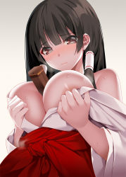 Rule 34 | 1girl, bare shoulders, between breasts, black hair, blush, breasts, breasts squeezed together, breath, brown eyes, closed mouth, hair tubes, hakama, hakama skirt, highres, japanese clothes, large breasts, long hair, looking at viewer, machimura komori, miko, no bra, nose blush, omikuji, open clothes, open shirt, original, red hakama, shirt, simple background, skirt, solo, sweat, upper body, white background, white shirt, wide sleeves