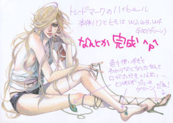 Rule 34 | 1boy, androgynous, benten (zone-00), blonde hair, gender request, high heels, long hair, male focus, shoes, shorts, solo, trap, very long hair, yue (memento1113), zone-00