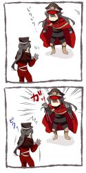 Rule 34 | 2koma, black hair, brother and sister, cape, comic, family crest, fate/grand order, fate (series), hat, long hair, military, military uniform, mitsu (nonoko05), oda nobukatsu (fate), oda nobunaga (fate), oda nobunaga (koha-ace), oda uri, peaked cap, ponytail, red cape, red eyes, scared, sequential, siblings, uniform