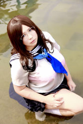 Rule 34 | 1girl, asian, blue eyes, breasts, brown hair, chouzuki maryou, cleavage, cosplay, freckles, glasses, highres, hip focus, idumi hoshi, idumi hoshi (cosplay), large breasts, little mermaid alone, photo (medium), plump, solo, thick thighs, thighs, wide hips