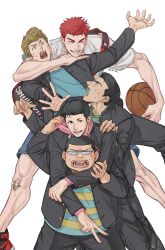 Rule 34 | 168broccoli, 5boys, arms around neck, ball, bandage on knee, basketball (object), black hair, black jacket, black pants, blonde hair, buzz cut, closed eyes, facial hair, feet out of frame, gakuran, glasses, hair slicked back, highres, holding, holding ball, jacket, leaning forward, looking at another, looking at viewer, male focus, mito youhei, multiple boys, mustache, noma chuuichirou, ookusu yuuji, open mouth, pants, pompadour, red hair, sakuragi hanamichi, school uniform, short hair, simple background, slam dunk (series), smile, sweatdrop, takamiya nozomi, very short hair, white background