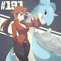 Rule 34 | 00s, 1990s (style), 1girl, arm behind back, bad id, bad twitter id, breasts, cleavage, collarbone, creatures (company), elite four, eyewear on head, game freak, gen 1 pokemon, glasses, holding, holding poke ball, lapras, large breasts, long hair, lorelei (pokemon), nintendo, pants, poke ball, pokemon, pokemon (creature), pokemon frlg, pokemon rgby, ponytail, popped collar, red eyes, red hair, retro artstyle, shigino sohuzi