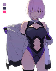 Rule 34 | 1girl, bare shoulders, black thighhighs, breasts, cleavage, cleavage cutout, closed mouth, clothing cutout, color guide, cowboy shot, elbow gloves, embarrassed, fate/grand order, fate (series), gloves, gluteal fold, grey jacket, groin, highleg, highleg leotard, jacket, leotard, light frown, looking away, looking to the side, mash kyrielight, nakahara (mu tation), navel, navel cutout, off shoulder, open clothes, open jacket, pink hair, purple eyes, purple gloves, purple leotard, short hair, simple background, single thighhigh, solo, standing, thighhighs, undressing, unzipped, white background
