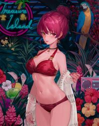 Rule 34 | alternate costume, arm at side, bikini, bird, blush, breasts, choker, cleavage, cup, drinking glass, earrings, ekao, flower, hair bun, heterochromia, highres, hololive, houshou marine, jewelry, looking at viewer, midriff, nail polish, neon lights, off-shoulder shirt, off shoulder, radio, red eyes, red hair, shirt, sign, single hair bun, solo, standing, swimsuit, thighs, virtual youtuber, yellow eyes