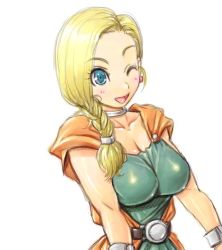 Rule 34 | 1girl, amania orz, belt, bianca (dq5), blonde hair, blue eyes, braid, breasts, cape, dragon quest, dragon quest v, earrings, hair over shoulder, jewelry, large breasts, long hair, looking at viewer, open mouth, simple background, single braid, smile, solo, square enix, white background
