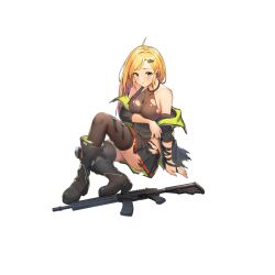 Rule 34 | 1girl, ahoge, arm ribbon, assault rifle, black choker, black footwear, black jacket, black ribbon, black skirt, blonde hair, breast hold, breasts, brown eyes, brown shirt, brown thighhighs, choker, cleavage, colored shoe interior, crazyodin, dog tags, earpiece, full body, galil (girls&#039; frontline), galil (mod3) (girls&#039; frontline), girls&#039; frontline, grey vest, gun, hair ornament, highres, imi galil, impossible clothes, jacket, knee pads, large breasts, long hair, looking at viewer, military, military uniform, mod3 (girls&#039; frontline), official art, parted lips, pleated skirt, ribbon, rifle, shirt, shoe soles, short sleeves, simple background, single knee pad, sitting, skindentation, skirt, solo, thigh strap, thighhighs, torn clothes, torn jacket, torn shirt, torn skirt, torn straps, transparent background, uniform, vest, weapon, weapon on floor