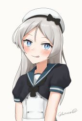 Rule 34 | 1girl, absurdres, black jacket, black neckerchief, blue eyes, blue sailor collar, dress, grey hair, hat, highres, jacket, javelin (kancolle), kantai collection, l meet, long hair, looking at viewer, neckerchief, sailor collar, sailor hat, short sleeves, simple background, solo, tongue, tongue out, twitter username, upper body, white background, white dress, white hat